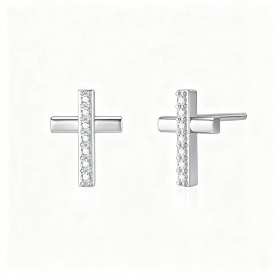 Brincos cruz em ouro branco 9K com zircónias cúbicas