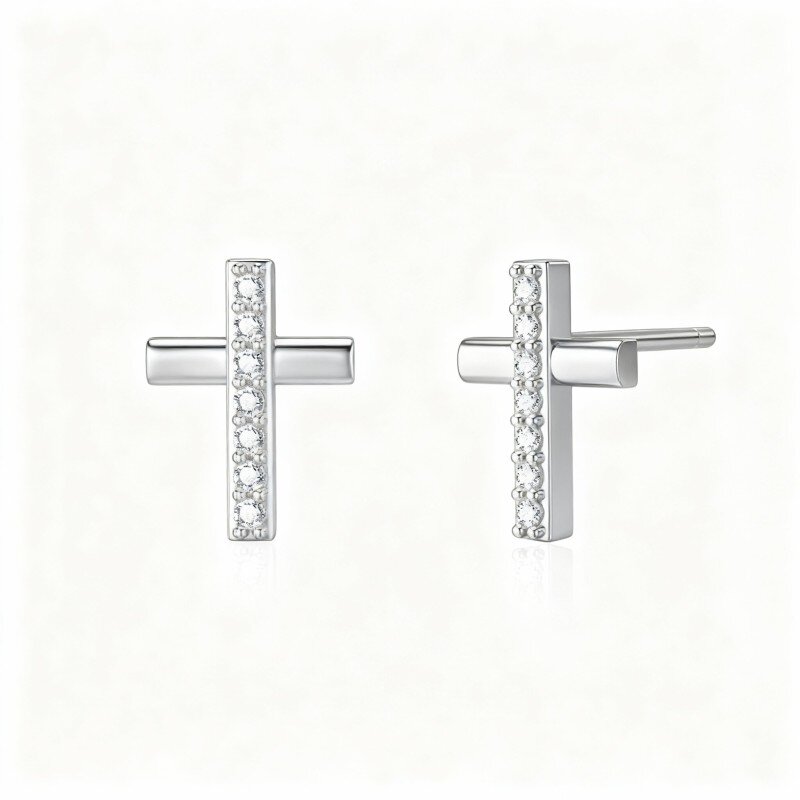 Brincos cruz em ouro branco 9K com zircónias cúbicas-19