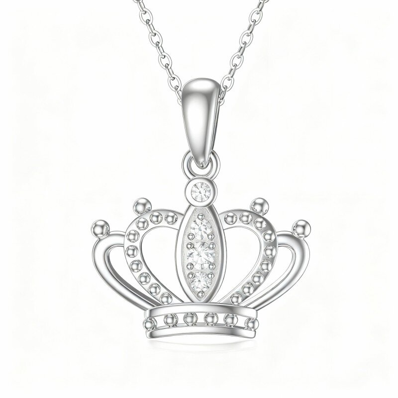Colar com pendente de coroa em ouro branco 10K e zircónias cúbicas-15
