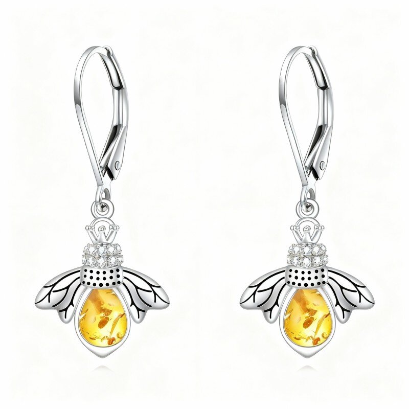 Brincos de abelha com fecho de alavanca em ouro branco de 10 quilates, cristal e zircónia cúbica.-3