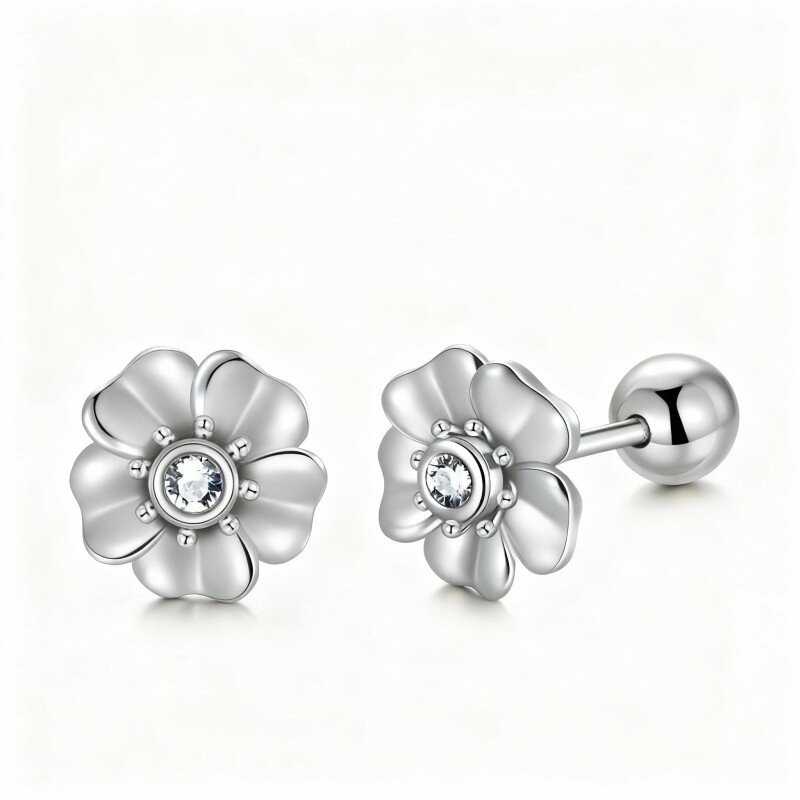 10K White Gold Crystal Cherry Blossom Stud Earrings-11