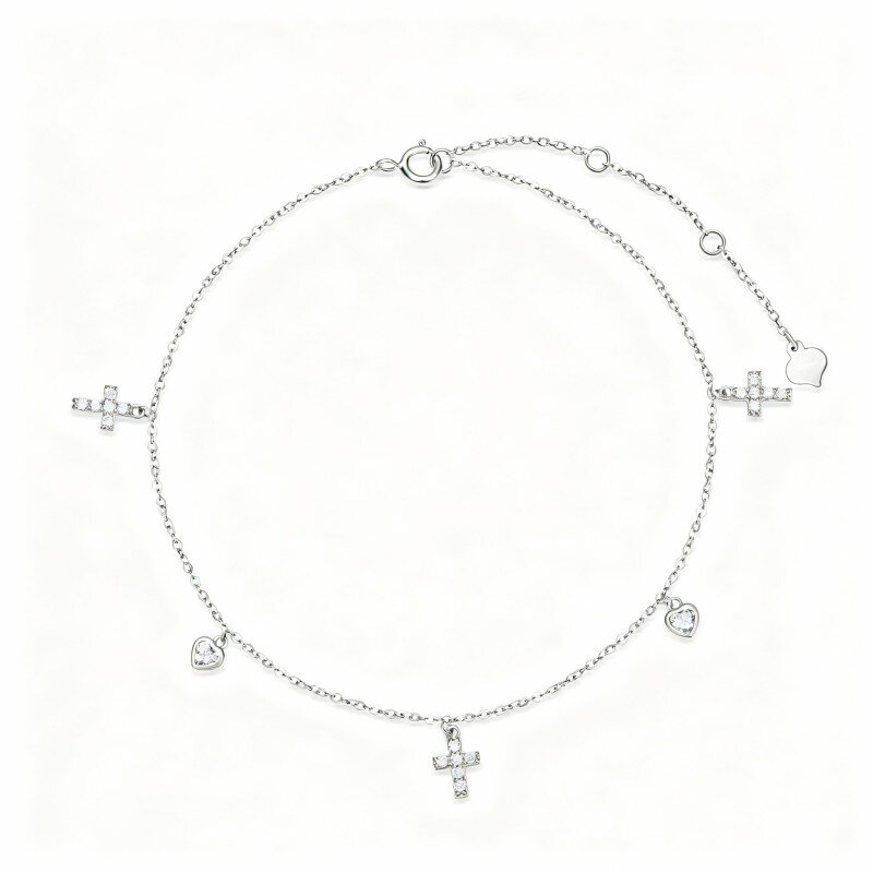 Tobillera de oro blanco de 10 quilates con dije de cruz y corazón de cristal de una sola capa-3