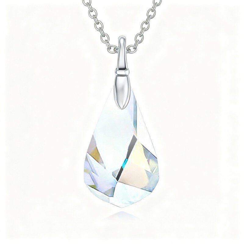 10K White Gold Crystal Drop Shape Pendant Necklace-18