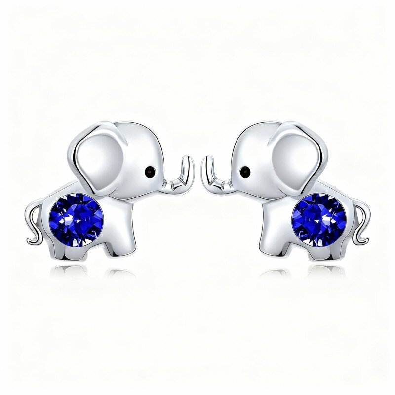 10K White Gold Crystal Elephant Stud Earrings-1
