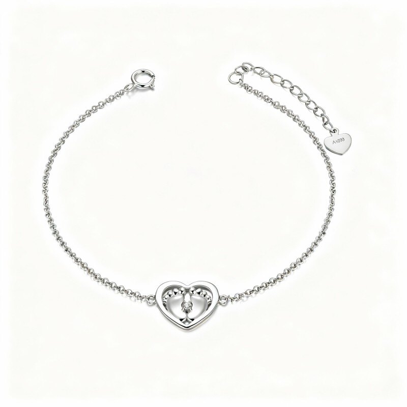 10K White Gold Crystal Footprints & Heart Charm Bracelet-1
