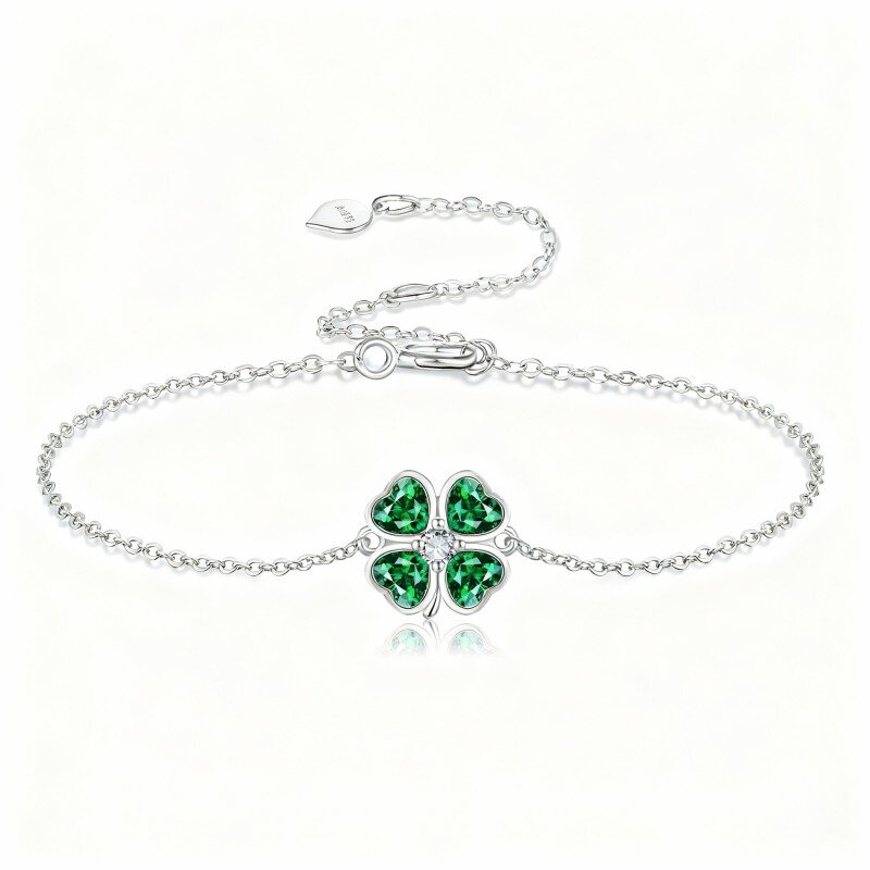 10K White Gold Crystal & Cubic Zirconia Four Leaf Clover Charm Bracelet-1