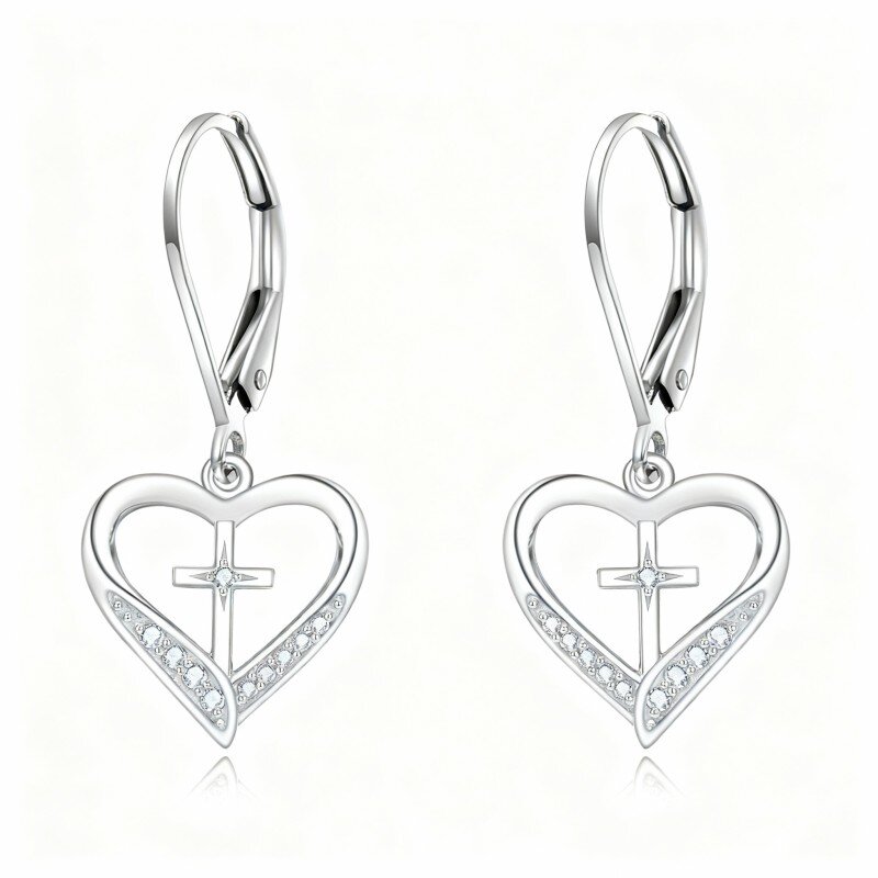 10K White Gold Crystal Heart Drop Earrings-7