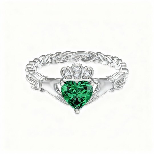 10K White Gold Crystal Heart & Hold Hands Ring