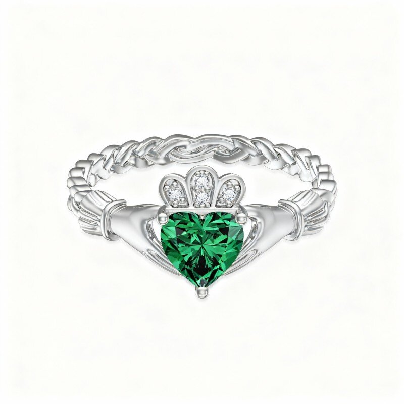 Anel em ouro branco 14K com cristal em forma de coração e mãos entrelaçadas-1