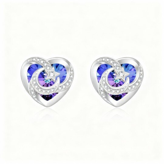 Brincos em ouro branco 10K com cristais em forma de coração, lua e estrela.