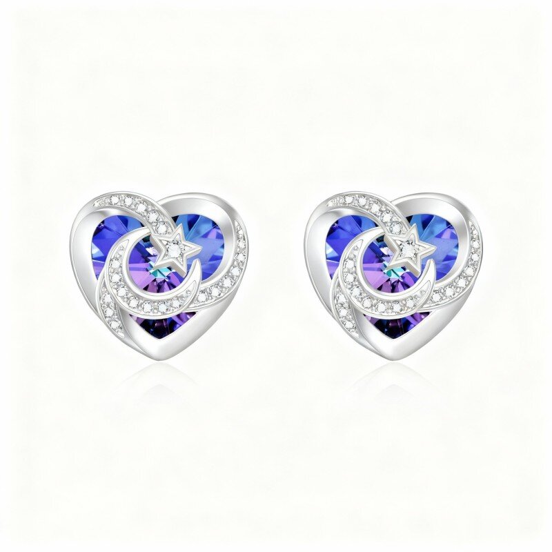 Brincos em ouro branco 10K com cristais em forma de coração, lua e estrela.-18