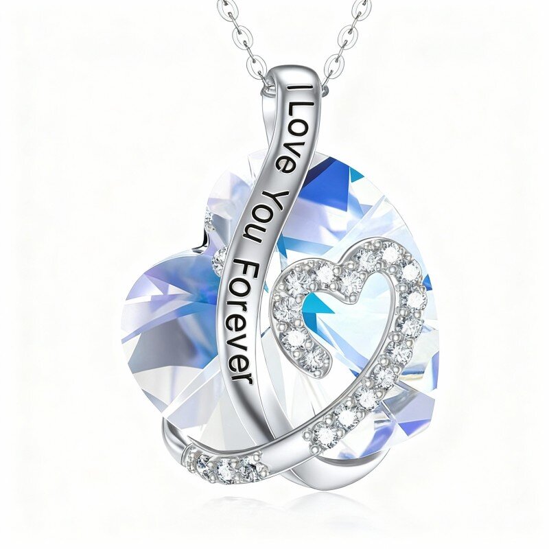 10K White Gold Crystal Heart Pendant Necklace-4