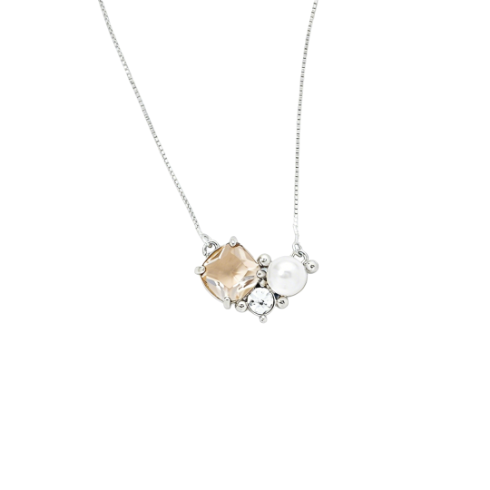 قلادة من الذهب الأبيض عيار 10 قيراط مرصعة بالكريستال والماس المخبري واللؤلؤ