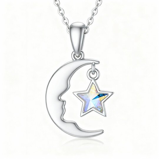 Colar com pendente de lua e estrela em ouro branco 10K e cristal