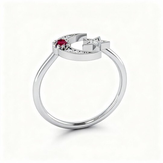 Ring aus 10-karätigem Weißgold mit Kristallmond und Stern