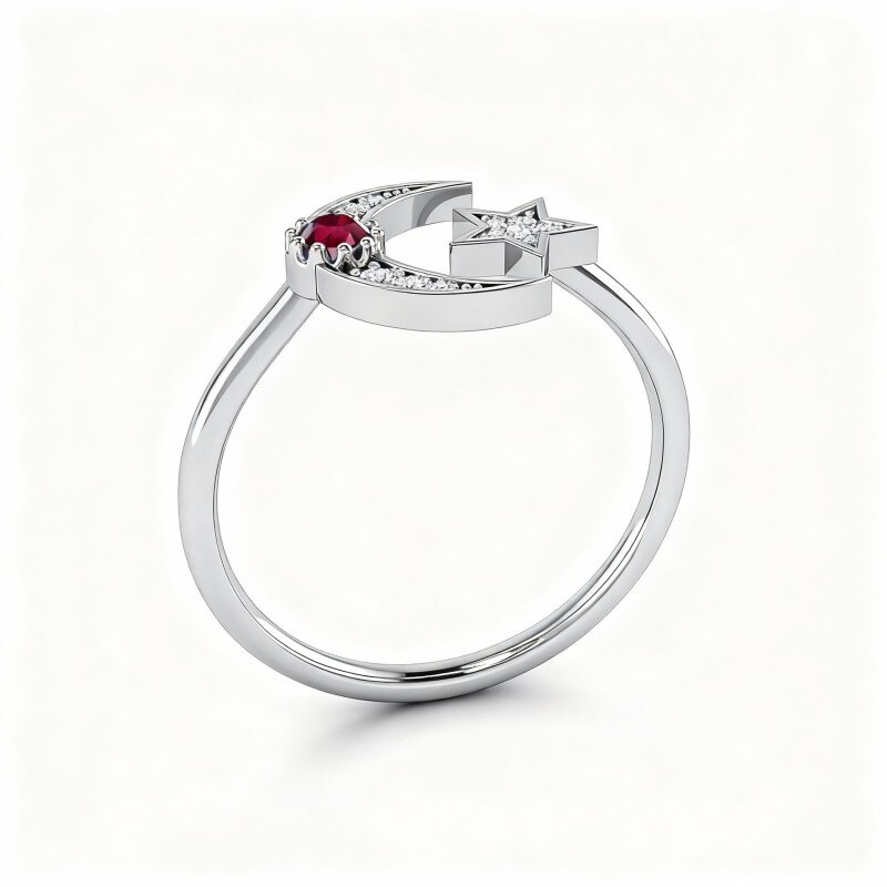 Bague en or blanc 10 carats avec cristal, lune et étoile-1