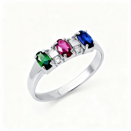 Bague personnalisée en or blanc 10 carats avec cristal, pierre de naissance et barrette, ornée d'un cristal