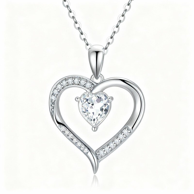 10K White Gold Crystal Personalized Birthstone & Heart Pendant Necklace-1