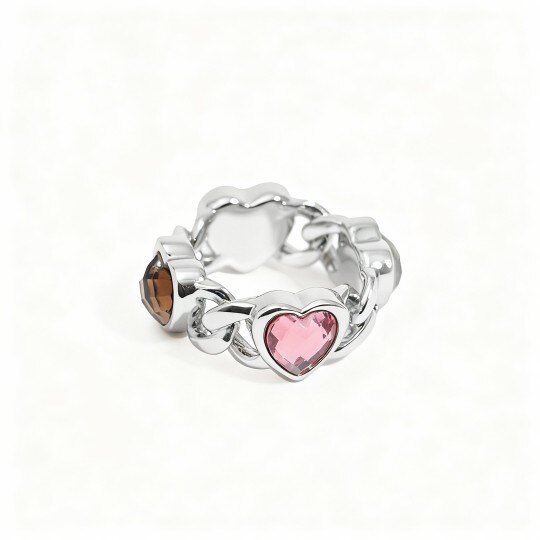 10K White Gold Crystal Personalized Birthstone & Heart Ring