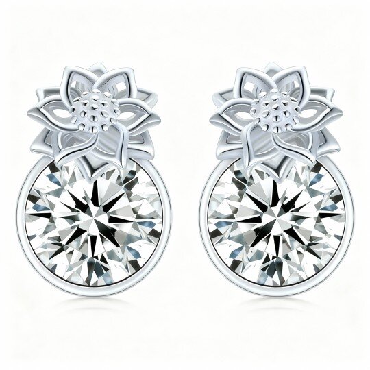 10K White Gold Crystal & Personalized Birthstone Sunflower Stud Earrings