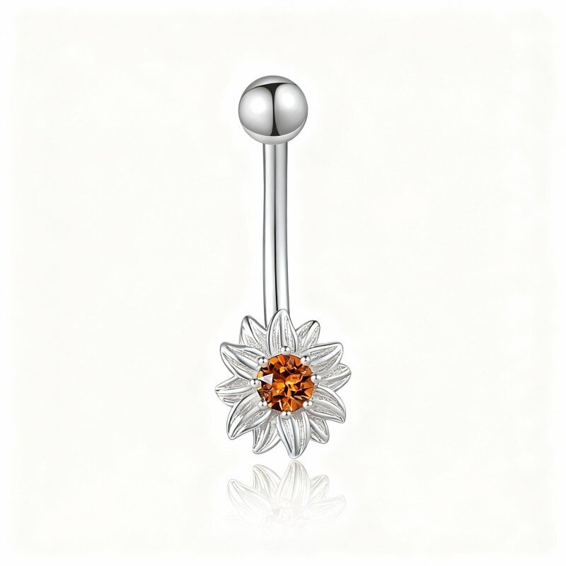 10K White Gold Crystal Sunflower Belly Button Ring-1