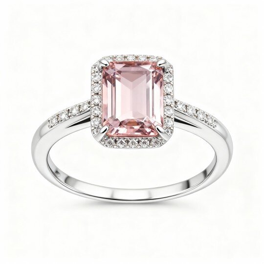 Bague de fiançailles sur mesure en or blanc 10 carats, sertie d'un diamant de laboratoire taille émeraude de 2 carats et d'une morganite, couleur D, pureté VVS1-VS1, 3EX.