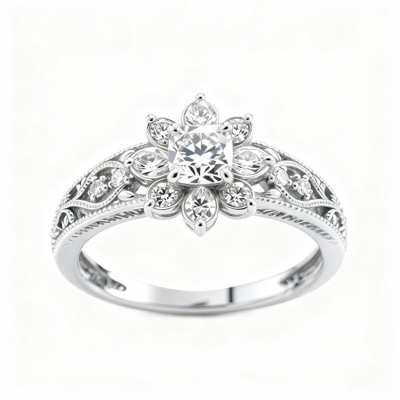 Pierścionek zaręczynowy z białego złota próby 14K o szlifie poduszkowym-1