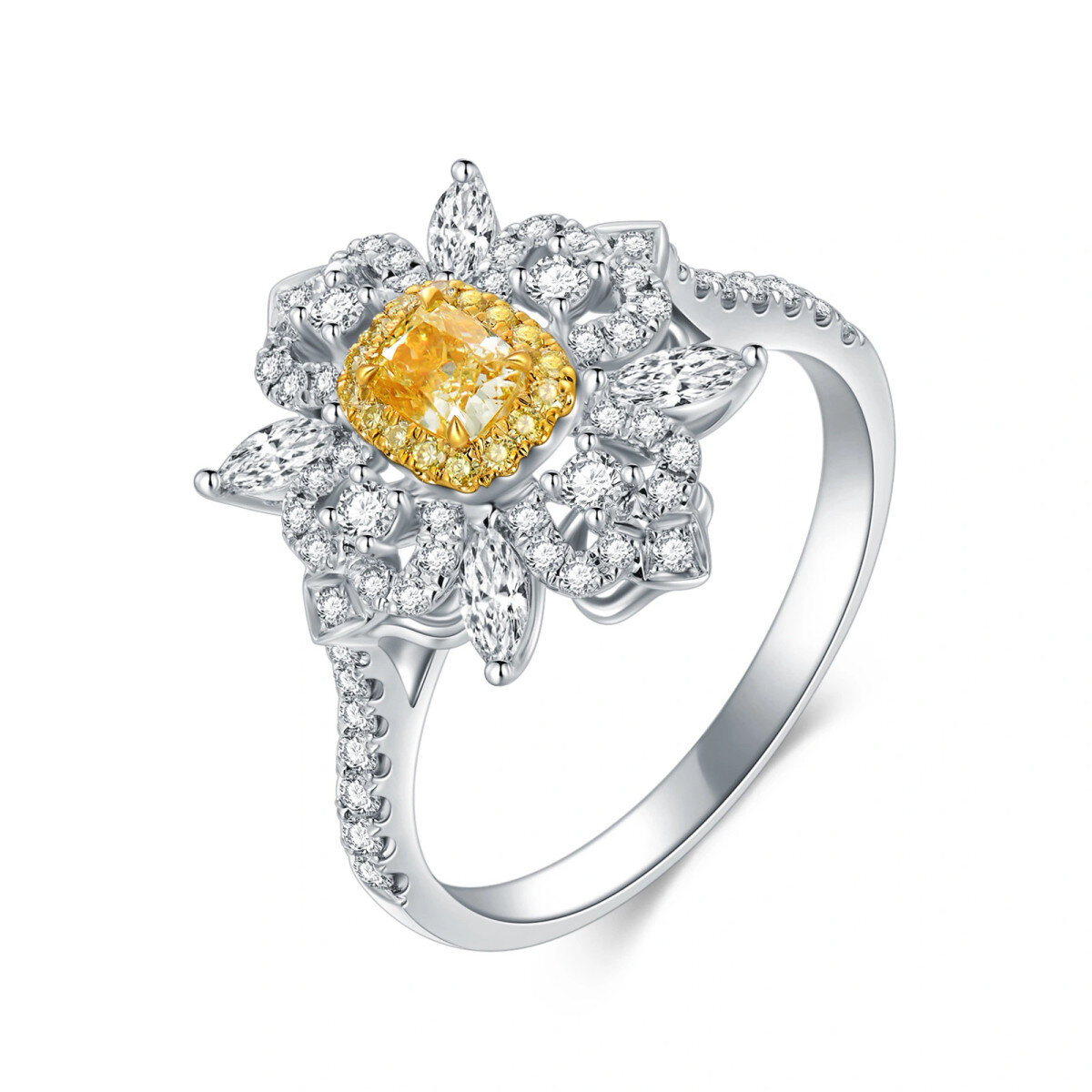 Bague de fiançailles tournesol en platine avec diamant en forme de coussin plaqué or blanc-1