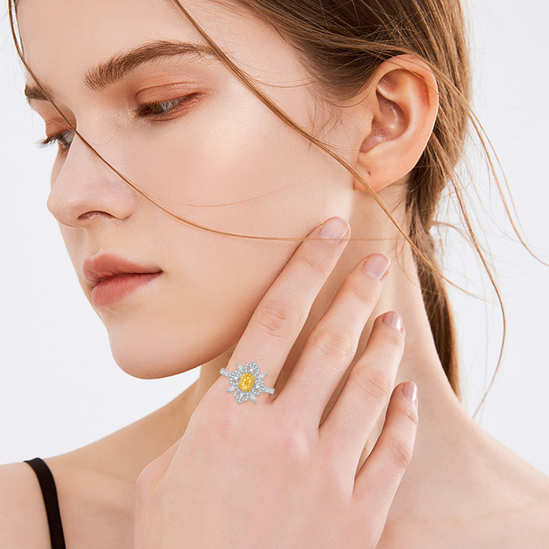 10K White Gold Cushion Shaped Diamond Sunflower Engagement Ring