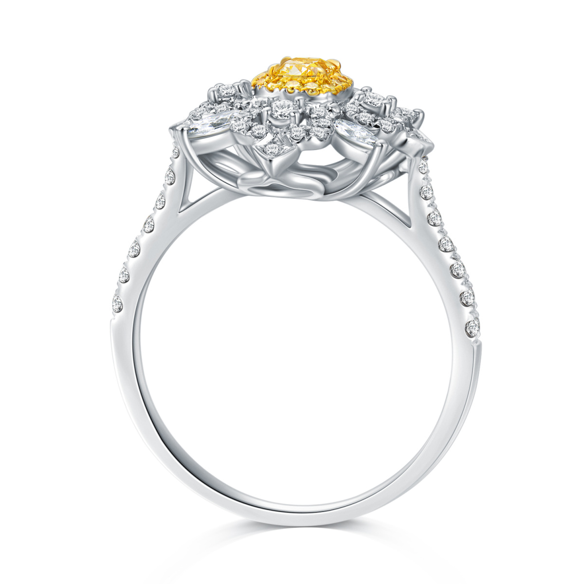 Platinum with White Gold Plated Cushion Shaped Diamond Sunflower Engagement Ring-4