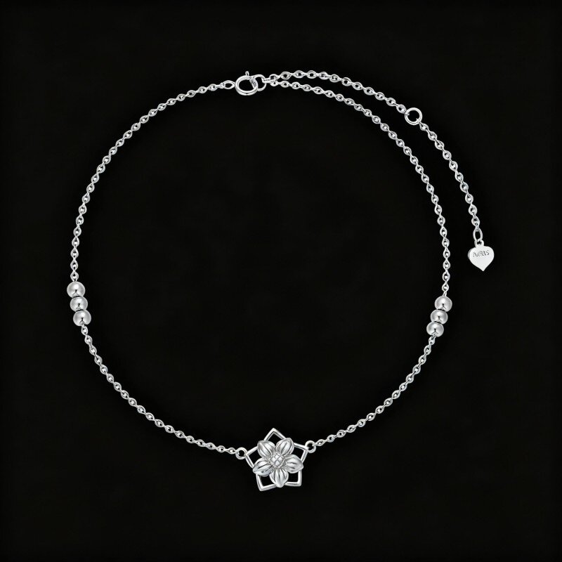 خلخال من الذهب الأبيض عيار 10 قيراط مزين بأحجار الأقحوان والخرز والنجمة-16