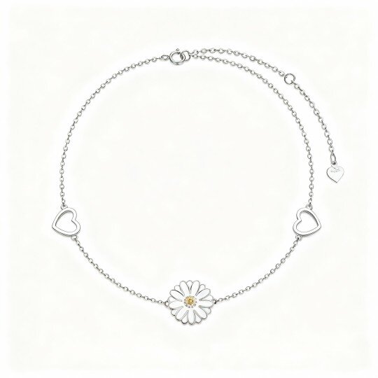 Pulseira com pendente margarida e coração em ouro branco 10K