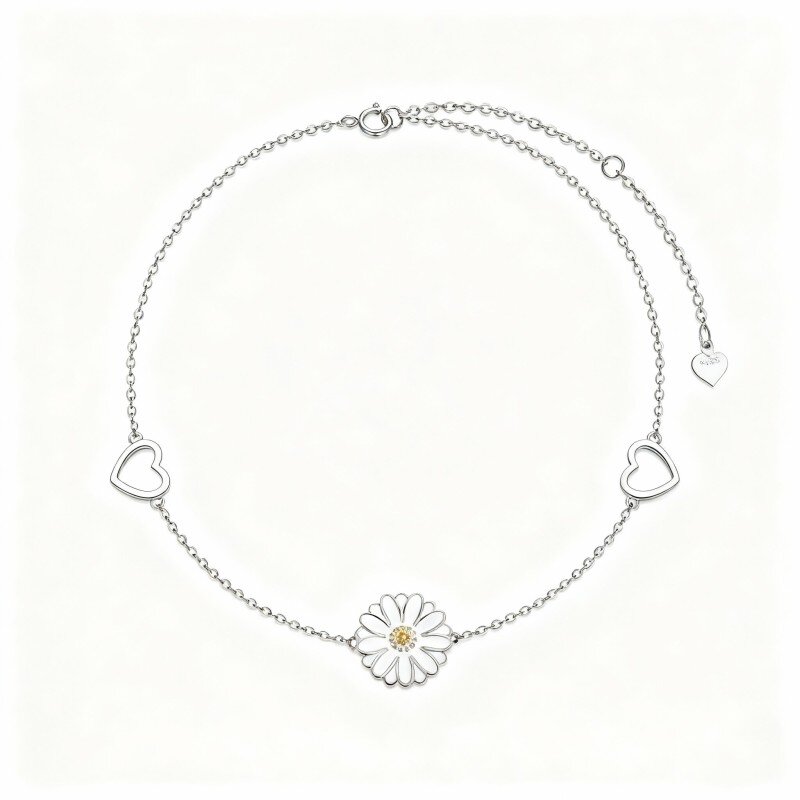 Pulseira com pendente margarida e coração em ouro branco 10K-3