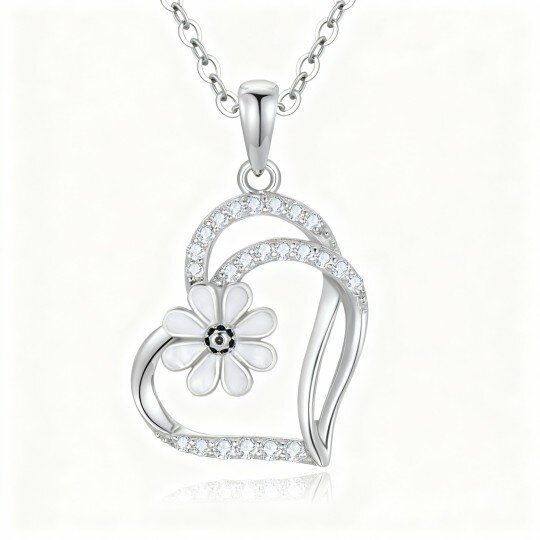 Colar com pendente de margarida e coração em ouro branco 10K com zircónias cúbicas