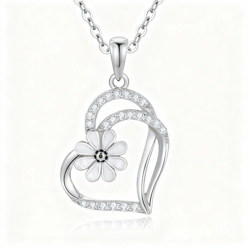 Colar com pendente de margarida e coração em ouro branco 10K com zircónias cúbicas-9