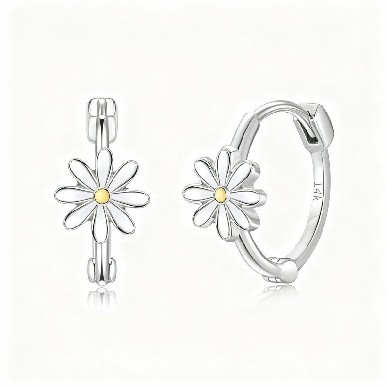 10K White Gold Daisy Hoop Earrings-1