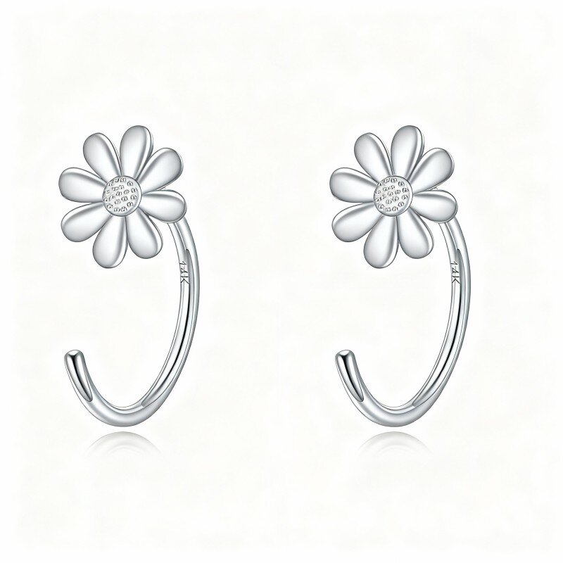 10K White Gold Daisy Hoop Earrings-2