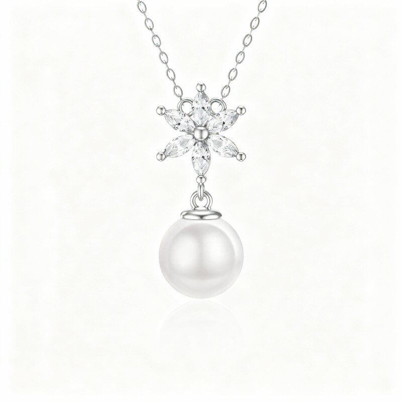 9K White Gold Cubic Zirconia Daisy Pendant Necklace-1