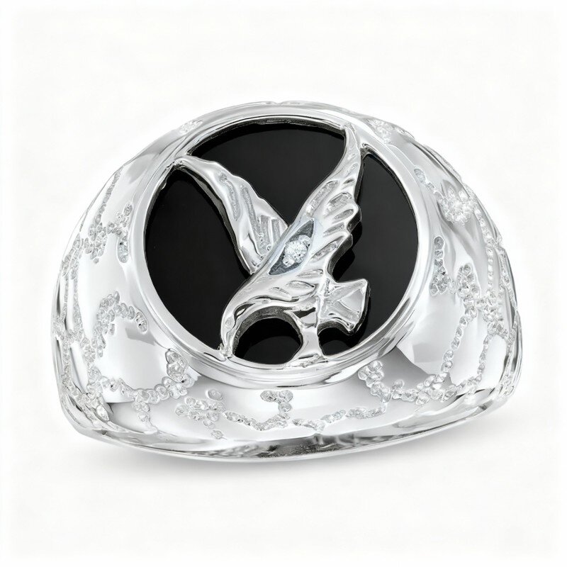 10K White Gold Diamond Accent Round Cut Agate & Diamond Custom Signet Ring I Color I2 Clarity 3EX-1