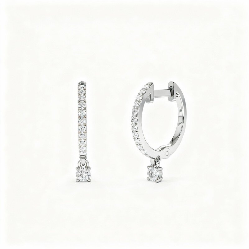 Boucles d'oreilles pendantes rondes en or blanc 10 carats et diamants-2