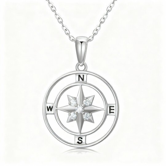 10K White Gold Diamond Compass Pendant Necklace