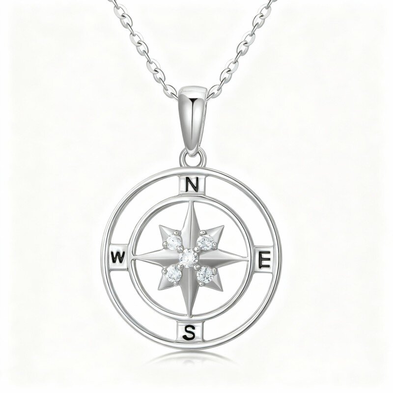 قلادة بوصلة من الذهب الأبيض عيار 10 قيراط مرصعة بالألماس-11