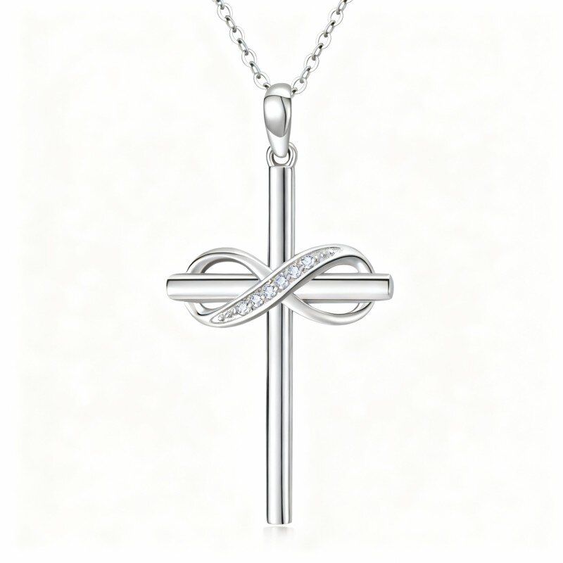 14K White Gold Diamond Cross & Infinity Symbol Pendant Necklace-1