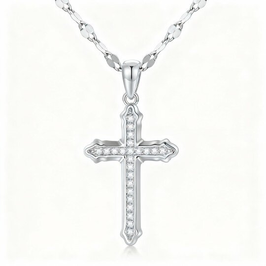 Naszyjnik z wisiorkiem w kształcie krzyża z białego złota 10K z diamentami