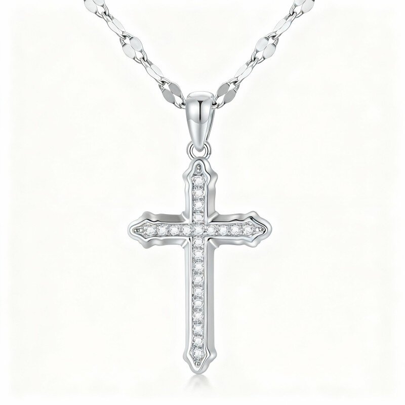 Colar com pendente de cruz em ouro branco 10K e diamantes-20