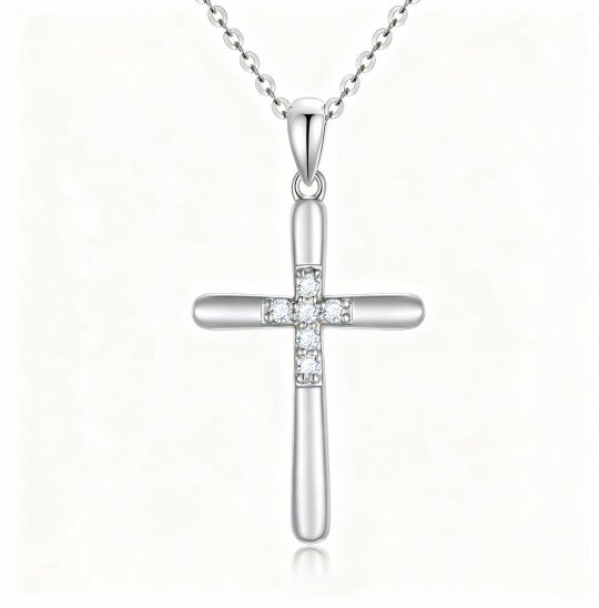 10K White Gold Diamond Cross Pendant Necklace