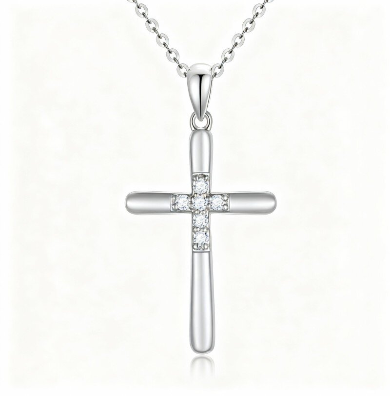 10K White Gold Diamond Cross Pendant Necklace-1
