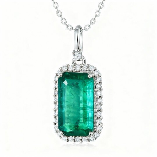 10K White Gold Diamond & Emerald Square Pendant Necklace