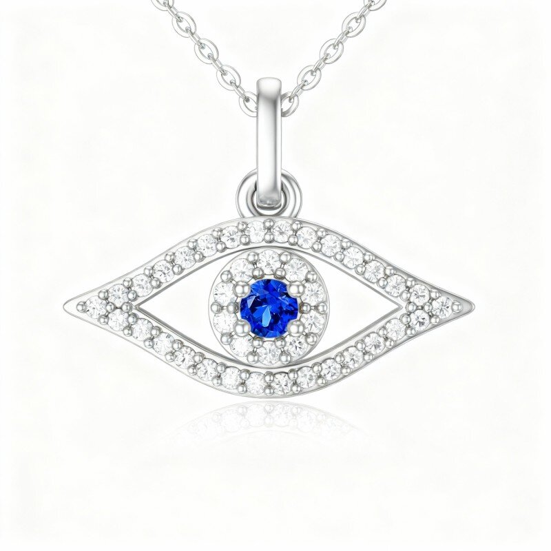 Colar com pendente de olho grego em ouro branco de 14 quilates com zircónias cúbicas e diamantes-7