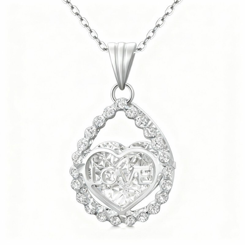 Colar com pendente coração em ouro branco 10K e diamante-9